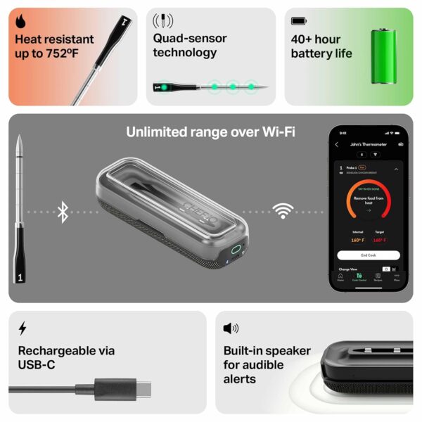 CHEF iQ Sense Smart Wireless Meat Thermometer with 2 Ultra-Thin Probes, Unlimited Range Bluetooth Meat Thermometer, Digital Food Thermometer for Remote Monitoring of BBQ Grill, Oven - Image 5