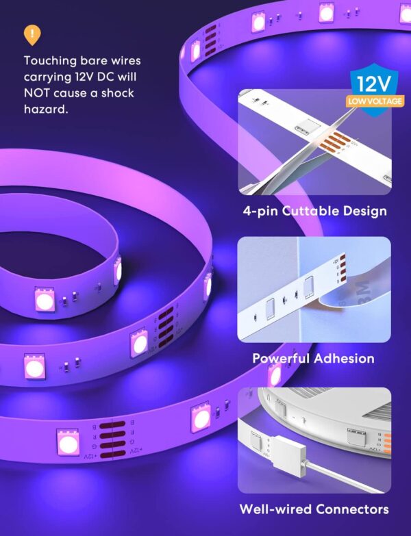 meross Smart LED Strip Lights, 32.8ft WiFi RGB Light Strip, Works with Apple HomeKit, Siri, Alexa&Google and SmartThings, App Control, Color Changing Lights Strip for Room, TV, Mothers Day Gifts - Image 4