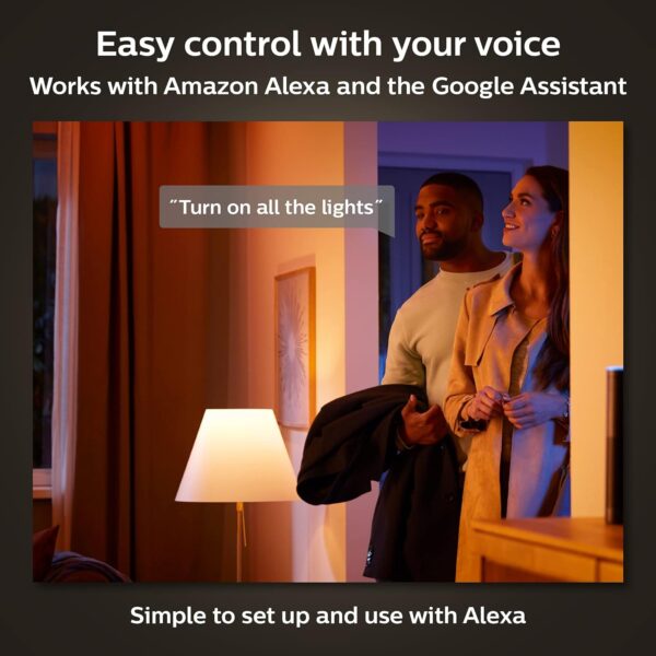 Philips Hue Smart Light Starter Kit - Includes (1) Bridge, (1) Dimmer Switch and (2) A19 LED Bulbs - White and Color Ambiance Color-Changing Light - 800LM - E26 - Control with App or Voice Assistant - Image 4