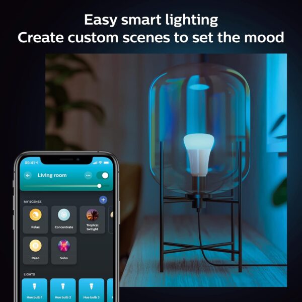 Philips Hue Smart Light Starter Kit - Includes (1) Bridge, (1) Dimmer Switch and (2) A19 LED Bulbs - White and Color Ambiance Color-Changing Light - 800LM - E26 - Control with App or Voice Assistant - Image 9