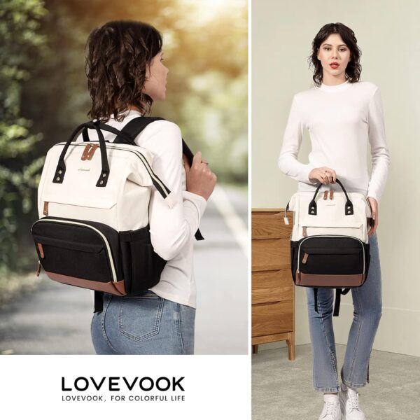 LOVEVOOK Laptop Backpack for Women, 17 Inch Work Business Backpacks Purse with USB Port, Large Capacity Educators Doctor Nurse Bag Backbag, Waterproof Casual Daypack for Travel,Black-White-Brown - Image 7