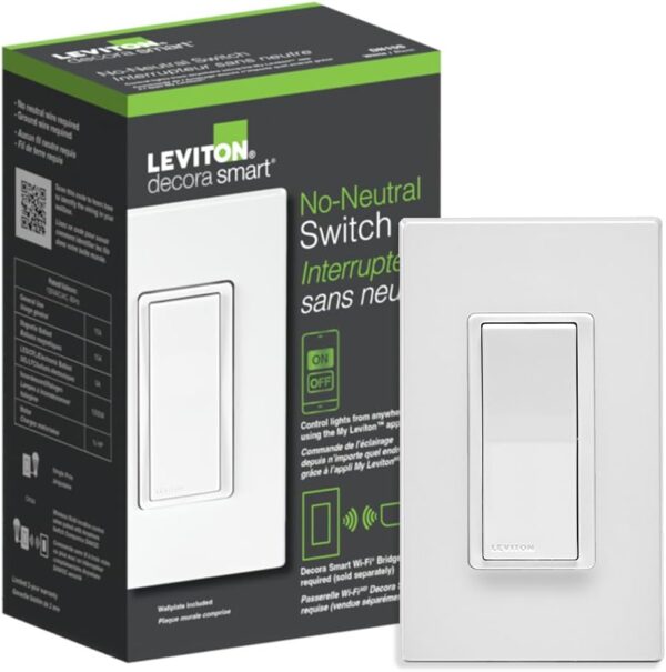 Leviton No-Neutral Decora Smart Switch, Requires MLWSB Wi-Fi Bridge to Work with My Leviton, Alexa, Google Assistant, Apple Home/Siri & Wire-Free 3-Way DN15S-1RW, White - Image 2