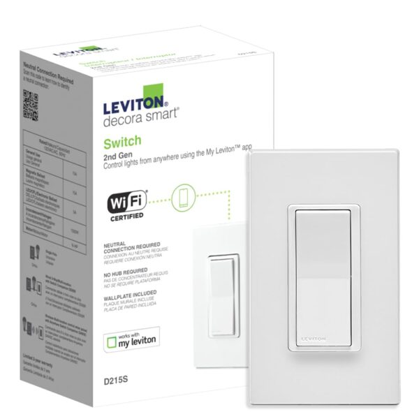 Leviton Decora Smart Switch, Wi-Fi 2nd Gen, Neutral Wire Required, Works with Matter, My Leviton, Alexa, Google Assistant, Apple Home/Siri & Wired or Wire-Free 3-Way, D215S-2RW, White - Image 2