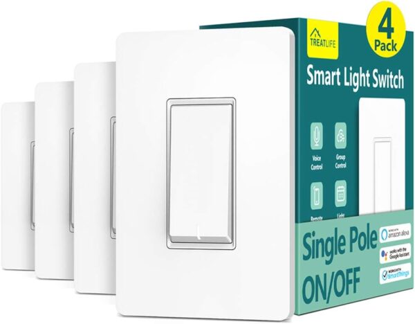 TREATLIFE Smart Light Switch Single Pole Smart Switch Works with Alexa, Google Home and SmartThings, 2.4GHz Wi-Fi Timer Light Switch, Neutral Wire Required, No Hub Required, FCC Listed, 4 Pack - Image 2