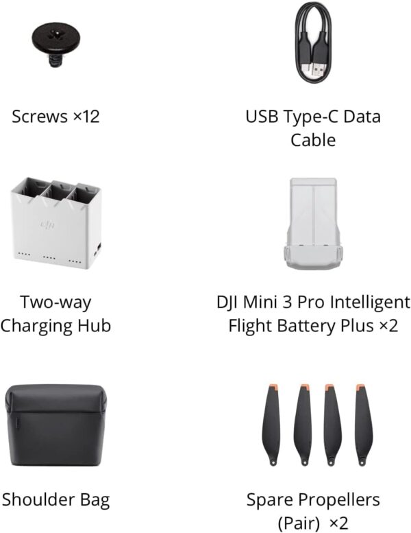 DJI Mini 3 Pro Fly More Kit Plus, Includes Two Intelligent Flight Batteries Plus, a Two-Way Charging Hub, Remote Control, Data Cable, Shoulder Bag, Spare propellers, and Screws, Black - Image 3