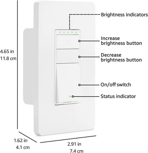 Amazon Basics Single Pole Smart Dimmer Switch, Neutral Wire Required, 2.4 Ghz WiFi, Works with Alexa, White, 2.91" x 1.79" x 4.65" - Image 5