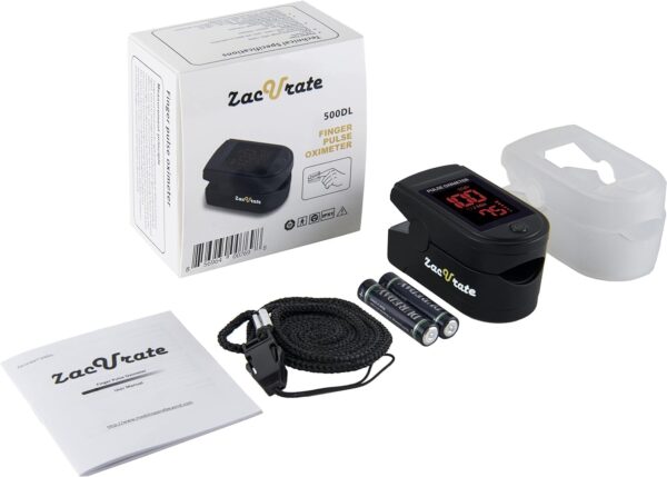 Zacurate Pro Series 500DL Fingertip Pulse Oximeter Blood Oxygen Saturation Monitor with Silicone Cover, Batteries and Lanyard (Royal Black) - Image 6