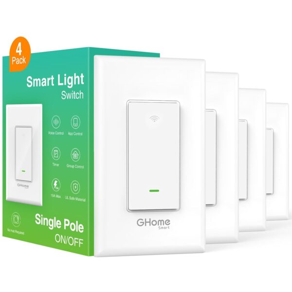 GHome Smart Switch,Smart Wi-Fi Light Switch Compatible with Alexa and Google Assistant 2.4Ghz, Single-Pole,Neutral Wire Required,UL Certified,Remote/Voice Control, No Hub Required (4 Pack) - Image 2