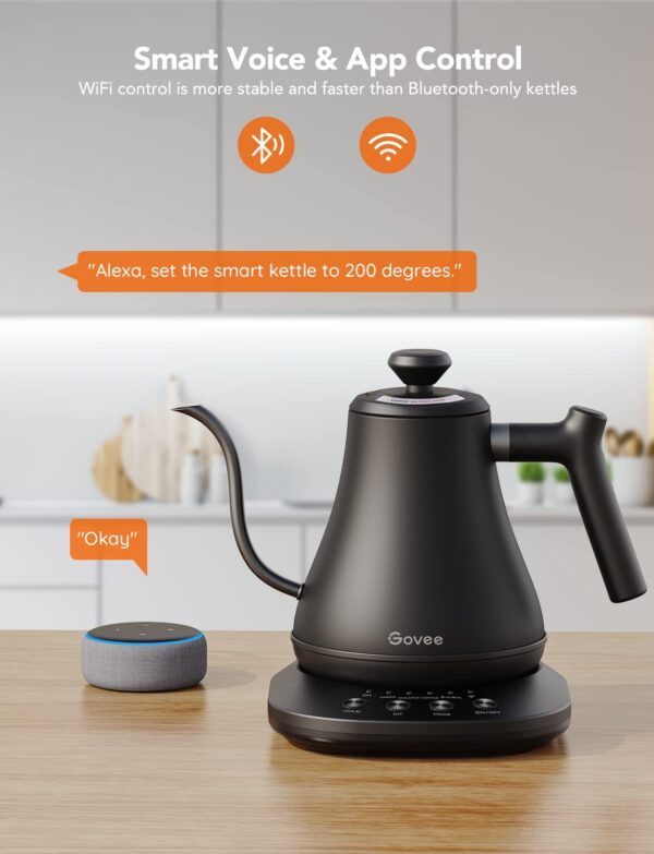 Govee Smart Electric Kettle, WiFi Variable Temperature Gooseneck Pour Over Kettle and Tea Kettle, Alexa Control, 1200W Quick Heating, 100% Stainless Steel, 0.8L, Matte Black - Image 3