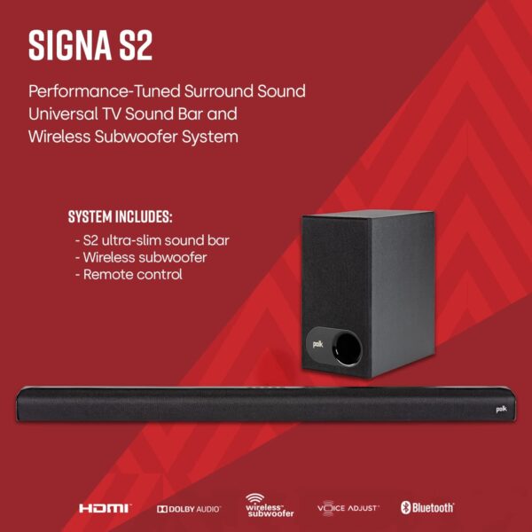 Polk Audio Signa S2 Sound Bar & Wireless Subwoofer – Exclusive VoiceAdjust Technology, Ultra-Slim Design, Works with 4K & HD TVs, HDMI & Optical, Bluetooth, Wireless Streaming - Image 5