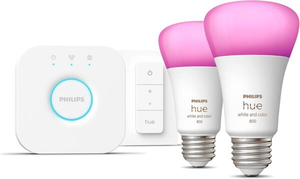 Philips Hue Smart Light Starter Kit - Includes (1) Bridge, (1) Dimmer Switch and (2) A19 LED Bulbs - White and Color Ambiance Color-Changing Light - 800LM - E26 - Control with App or Voice Assistant - Image 8