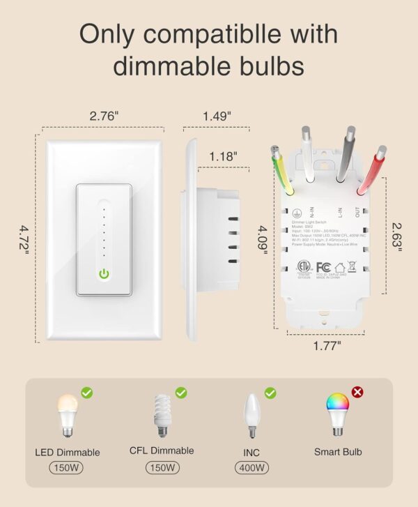 GHome Smart Dimmer Switch Work with Alexa Google Home, Single Pole 2.4GHz Wi-Fi Switch for Dimmable LED CFL INC Light Bulbs, Neutral Wire Required, Not 3 Way, No Hub Required, 4Pack - Image 7