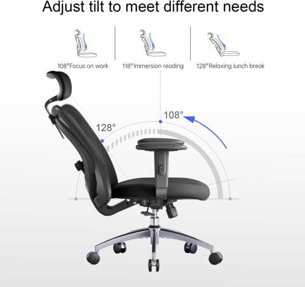 SIHOO M18 Ergonomic Office Chair for Big and Tall People Adjustable Headrest with 2D Armrest Lumbar Support and PU Wheels Swivel Tilt Function Black - Image 7