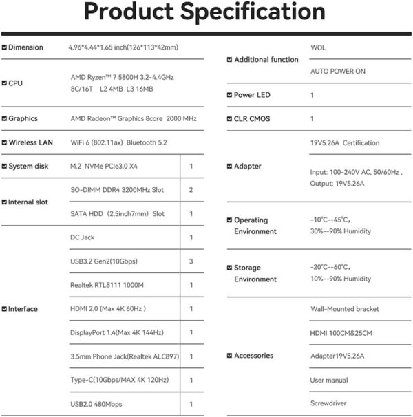 Beelink SER5 Mini PC, AMD Ryzen 7 5800H(7nm, 8C/16T) up to 4.4GHz, Mini Computer 32GB DDR4 RAM 1TB NVME SSD, Micro PC 4K@60Hz Triple Display, Mini Gaming Computer WiFi6 BT5.2 54W HTPC W-11 Pro - Image 10