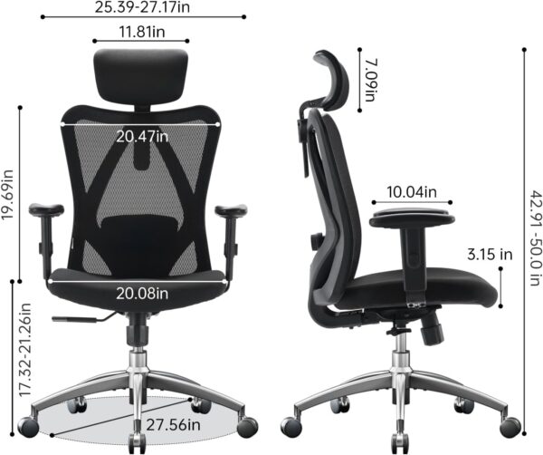 SIHOO M18 Ergonomic Office Chair for Big and Tall People Adjustable Headrest with 2D Armrest Lumbar Support and PU Wheels Swivel Tilt Function Black - Image 2