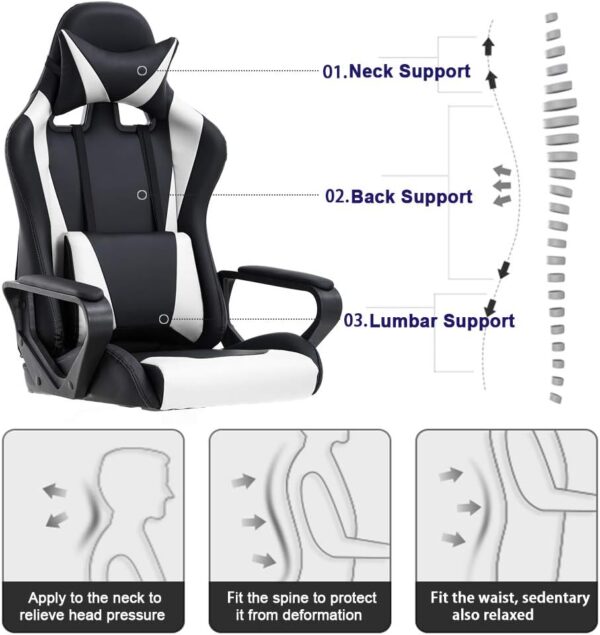 BestOffice High-Back Gaming Chair PC Office Chair Computer Racing Chair PU Desk Task Chair Ergonomic Executive Swivel Rolling Chair with Lumbar Support for Back Pain Women, Men,White - Image 4