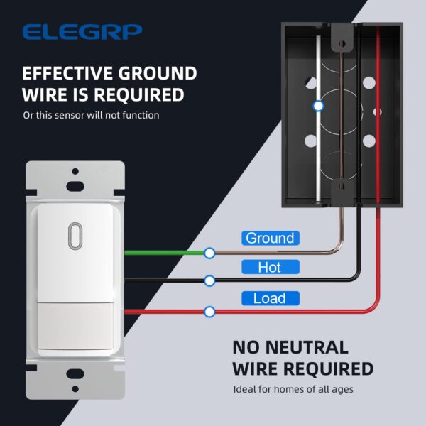 ELEGRP Single Pole Occupancy Motion Sensor Light Switch, PIR Infrared Motion Activated Switch, Need Grounding Wire, No Neutral Wire, for CFL/LED/Incandescent, with Plate, UL(2 Pack, Matte White) - Image 7