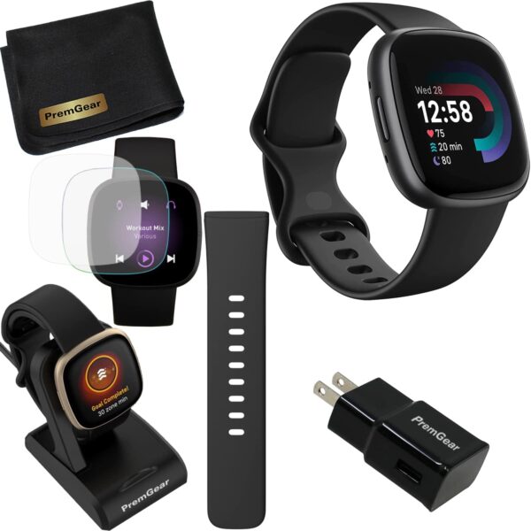 Fitbit Versa 4 Health and Fitness Smart Watch (Black/Graphite) with Built-in GPS, 6 Day Battery Life, S & L Bands, Bundle with 3.3foot Charge Cable, Wall Adapter, Screen Protectors & PremGear Cloth - Image 2