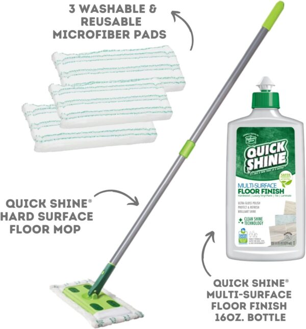 Quick Shine Multi Surface Floor Polish Mop Kit with 3 Reusable Pads & 1 16 oz. Floor Finish Cleaner | Use Wet + Dry | Squirt, Spread, Done | Hardwood, Luxury Vinyl Plank, Laminate - Image 3