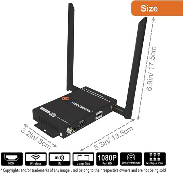 J-Tech Digital 1X2 Wireless HDMI Extender 200’ Dual Antenna Supporting Full HD 1080p with HDMI Loop Output Operation Channel Change IR Passthrough (Receiver + Transmitter 1080P 200ft) - Image 3