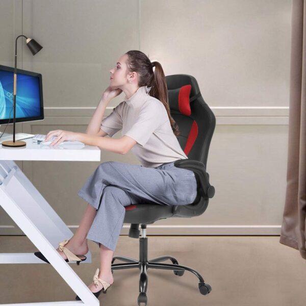 BestOffice PC Gaming Chair Ergonomic Office Chair Desk Chair with Lumbar Support Flip Up Arms Headrest PU Leather Executive High Back Computer Chair for Adults Women Men (Red) - Image 2