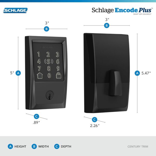 Schlage BE499WB CEN 622 Encode Plus WiFi Deadbolt Smart Lock with Apple Home Key, Keyless Entry Door Lock with Century Trim, Matte Black - Image 4