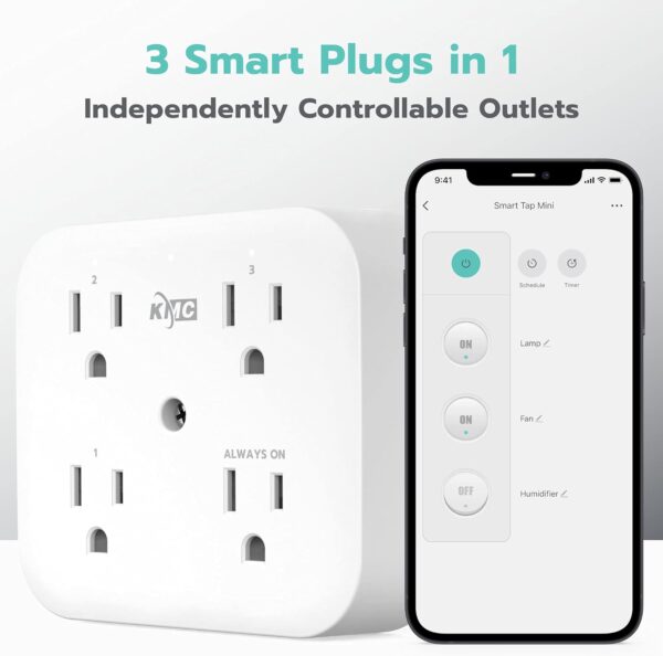 KMC Smart Tap Mini 2-Pack, 4-Outlet Wall Mounted Plug Adapter, 3 Independently Controlled Wi-Fi Outlets, Compatible with Alexa & Google Assistant, No Hub Required - Image 3