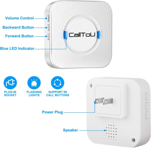 CallToU Wireless Caregiver Pager Smart Call System 2 SOS Call Buttons/Transmitters 2 Receivers Nurse Calling Alert Patient Help System for Home/Personal Attention Pager 500+Feet Plugin Receiver - Image 6