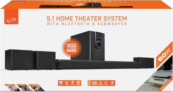 iLive 5.1 Home Theater System, 26in. Bluetooth Sound Bar with 4 Wired Satellite Speakers and Subwoofer, IHTB142B - Image 8