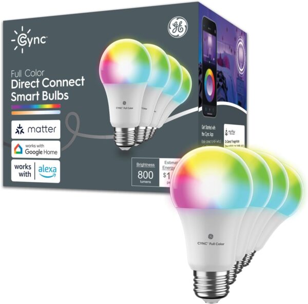 GE CYNC Smart LED Light Bulbs, Full Color and Color Changing, Matter Compatible, Bluetooth and Wi-Fi Enabled, Works with Alexa and Google Home, A19 Bulbs (4 Pack) - Image 2