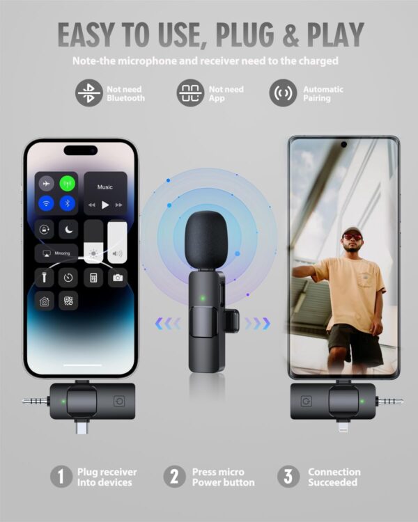 PQRQP 3 in 1 Wireless Microphone for iPhone, Android, Camera, USB-C Microphone, Wireless Lavalier Microphone, Mini Microphone, Noise Canceling Lapel Mic for Interview Video Podcast Vlog YouTube - Image 3