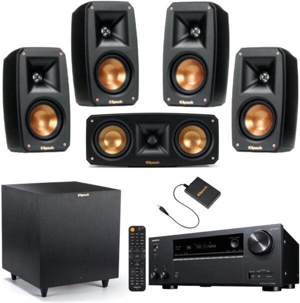 Klipsch Black Reference Theater Pack 5.1 Surround Sound System, Bundle with Onkyo TX-NR696 7.2-Channel Network A/V Receiver, 210W Per Channel (At 6 Ohms) - Image 2