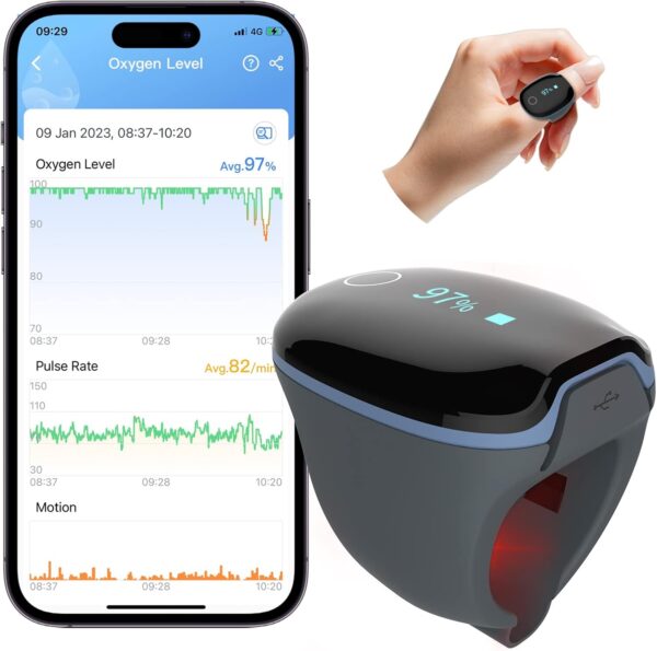 Wellue O2Ring Wearable Pulse Oximter, SPO2 Blood Oxygen Saturation Monitor - Bluetooth O2 Meter Ring Sensor with Vibration Reminder, Free APP & PC Report, Rechargeable - Image 2