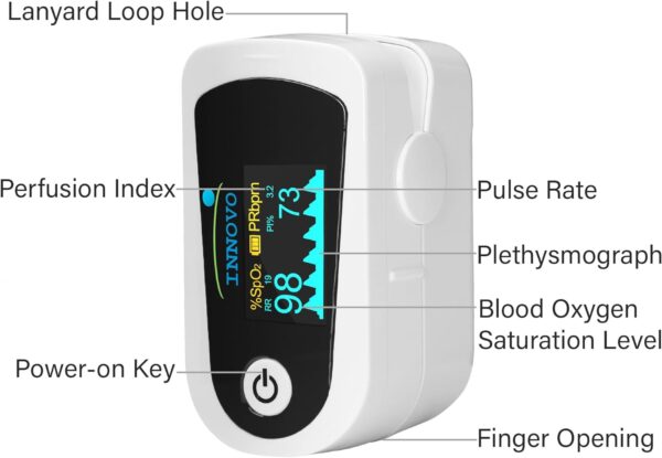 2024 Innovo iP900BP-B Bluetooth Fingertip Pulse Oximeter, Blood Oxygen Monitor with Free App, Plethysmograph, and Perfusion Index (Snowy White) - Image 3