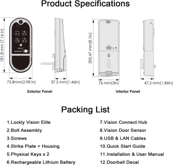 Lockly Vision Elite - WiFi Video Smart Lock with Night Vision Camera, Motion Sensor, Biometric Fingerprint, Voice Control, App Remote Control, Doorbell, Solar Panel, Digital Keypad, Satin Nickel - Image 10