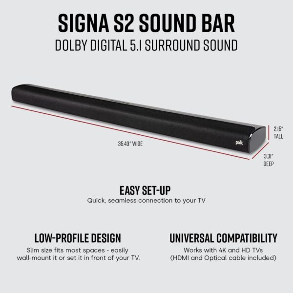 Polk Audio Signa S2 Sound Bar & Wireless Subwoofer – Exclusive VoiceAdjust Technology, Ultra-Slim Design, Works with 4K & HD TVs, HDMI & Optical, Bluetooth, Wireless Streaming - Image 3