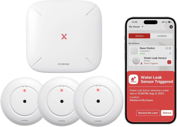 X-Sense Wi-Fi Water Leak Detector, Smart Water Sensor Alarm, Water Detector Alarm with 1700 ft Transmission Range for Kitchens, Basements, Bathrooms, 3 Water Detectors & 1 Base Station, Model SWS54 - Image 2