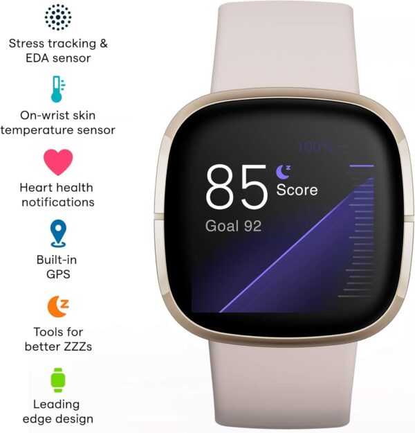 Fitbit Sense Advanced Smartwatch with Tools for Heart Health, Stress Management & Skin Temperature Trends, White/Gold, One Size (S & L Bands Included) - Image 3