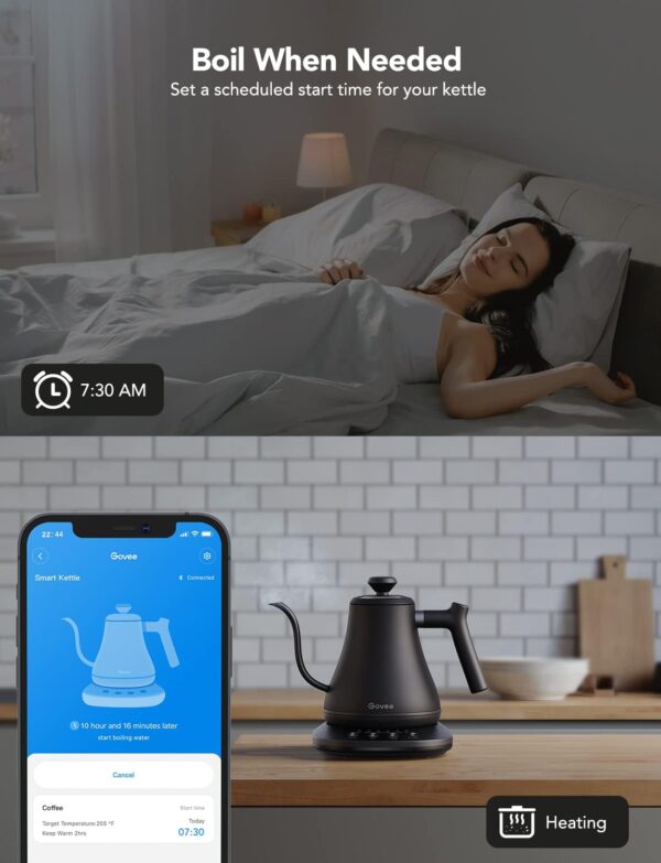 Govee Smart Electric Kettle, WiFi Variable Temperature Gooseneck Pour Over Kettle and Tea Kettle, Alexa Control, 1200W Quick Heating, 100% Stainless Steel, 0.8L, Matte Black - Image 4