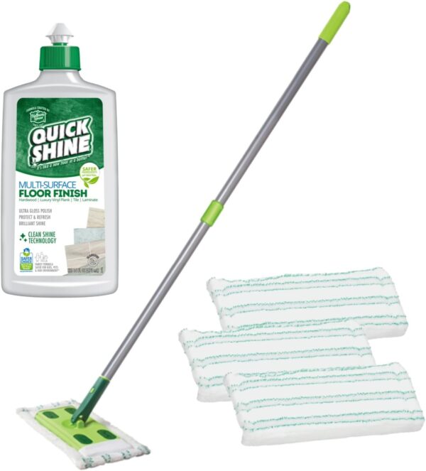 Quick Shine Multi Surface Floor Polish Mop Kit with 3 Reusable Pads & 1 16 oz. Floor Finish Cleaner | Use Wet + Dry | Squirt, Spread, Done | Hardwood, Luxury Vinyl Plank, Laminate - Image 2