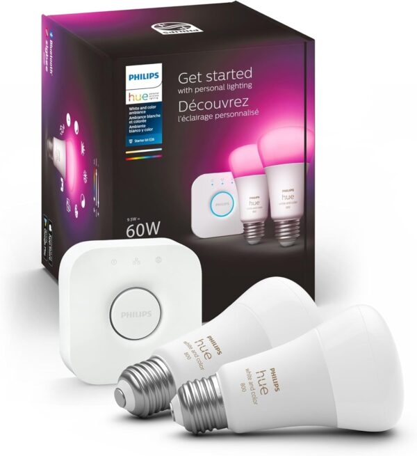 Philips Hue Smart Light Starter Kit - Includes (1) Bridge and (2) 60W A19 LED Bulb, White and Color Ambiance Color-Changing Light, 800LM, E26 - Control with App or Voice Assistant - Image 2