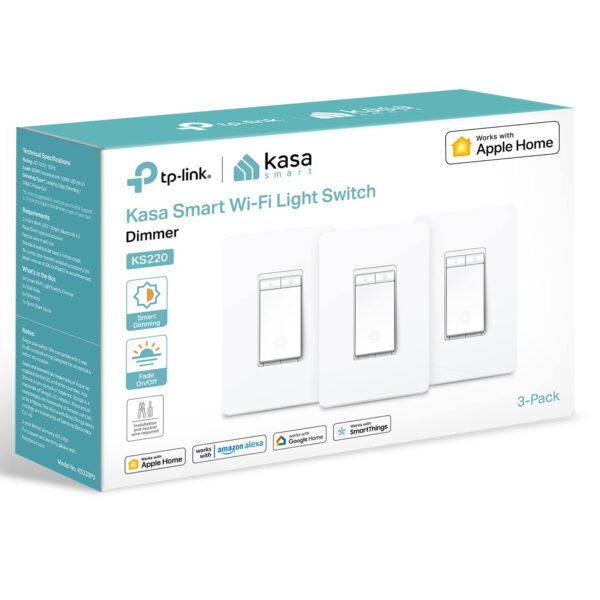 Kasa Apple HomeKit Smart Dimmer Switch KS220P3, Single Pole, Neutral Wire Required,2.4GHz Wi-Fi Light Works with Siri, Alexa and Google Home,UL Certified, No Hub Required,White, 3 Count (Pack of 1) - Image 2