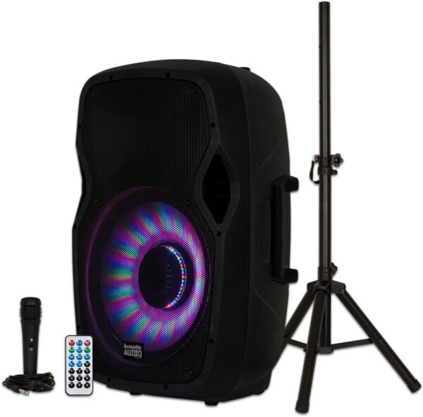 Acoustic Audio by Goldwood Bluetooth LED Light Display Speaker Set - includes Remote Control and Stand - 15 Inch Portable Sound System, 1000W - AA15LBS, Black, 16 x 14 x 27 Inches - Image 2