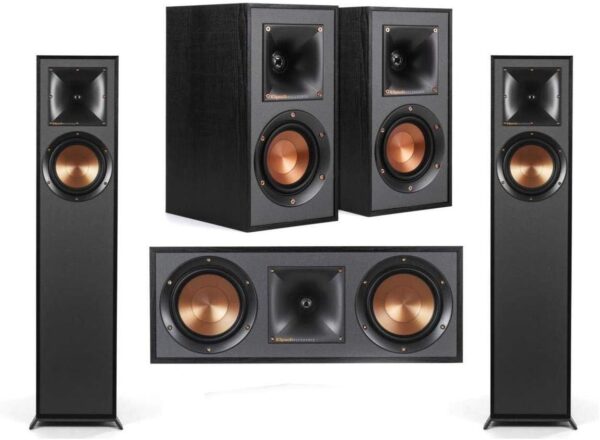 Klipsch Reference R-610F 5.0 Home Theater Pack, 2X R-610F Floorstanding Speakers + Pair, R-41M Bookshelf Home Speakers, R-52C Center Channel Home Speaker, Black - Image 2