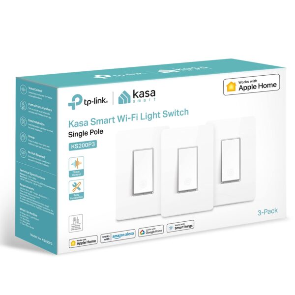 Kasa Apple HomeKit Smart Light Switch KS200P3, Single Pole, Neutral Wire Required, 2.4GHz Wi-Fi Light Switch Works with Siri, Alexa and Google Home, UL Certified, No Hub Required, White, 3-Pack - Image 2