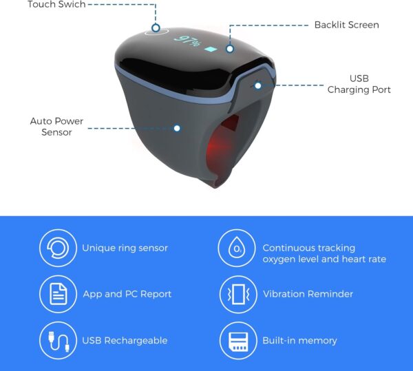 Wellue O2Ring Wearable Pulse Oximter, SPO2 Blood Oxygen Saturation Monitor - Bluetooth O2 Meter Ring Sensor with Vibration Reminder, Free APP & PC Report, Rechargeable - Image 4