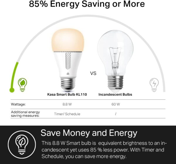 Kasa Smart Light Bulb KL110, LED Wi-Fi smart bulb works with Alexa and Google Home, A19 Dimmable, 2.4Ghz, No Hub Required, 800LM Soft White (2700K), 9W (60W Equivalent) - Image 4