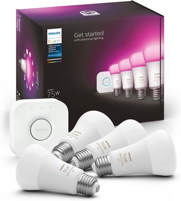 Philips Hue Smart Light Starter Kit - Includes (1) Bridge and (4) 75W A19 E26 LED Smart White and Color Ambiance Bulbs - Control with App - Compatible with Alexa, Google Assistant, and Apple HomeKit - Image 2