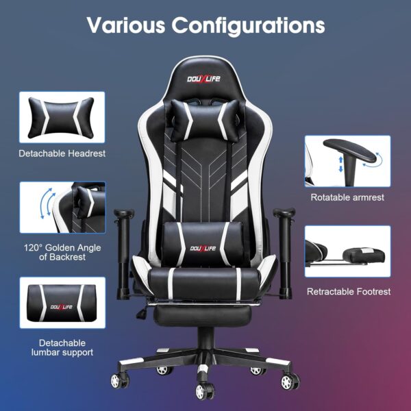 Massage Gaming Chair 7-Point, Office Chair with Footrest and Lumbar Support, Adjustable Seat Height Ergonomic, Thickened and Widened Cushions Backrest, 175° Reclining Max, White - Image 8