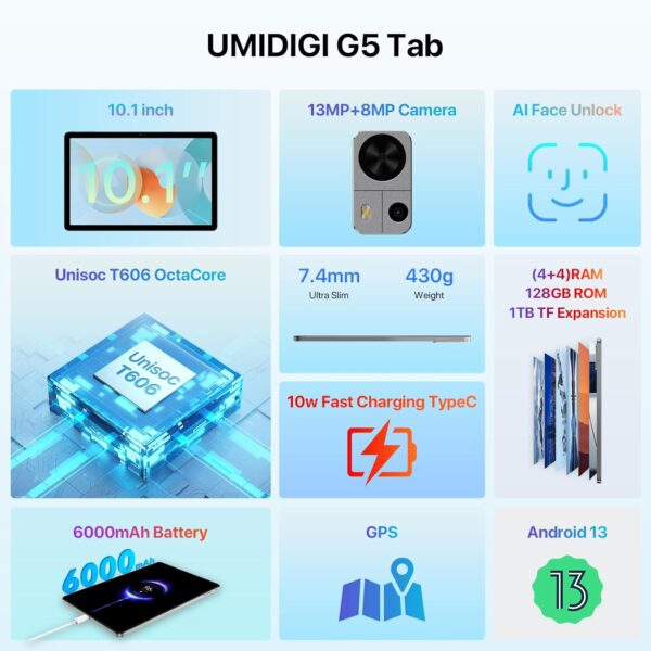 UMIDIGI G5 Tab Unlocked Android 13 Tablet 8(4+4) GB RAM+128GB,10.1” HD+ Full View Display with Pen, 6000 mAh Mega Battery with Cellular and WiFi, Support 1 TB Expandable - Image 3